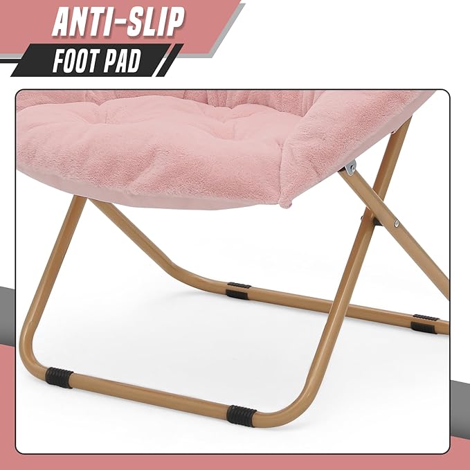 Round Comfy Saucer Chair with Headrest Large Cozy Metal Frame Cozy Lounge Lazy Chair Folding Faux Fur Saucer Chair for Adults Foldable Papasan Moon Chair