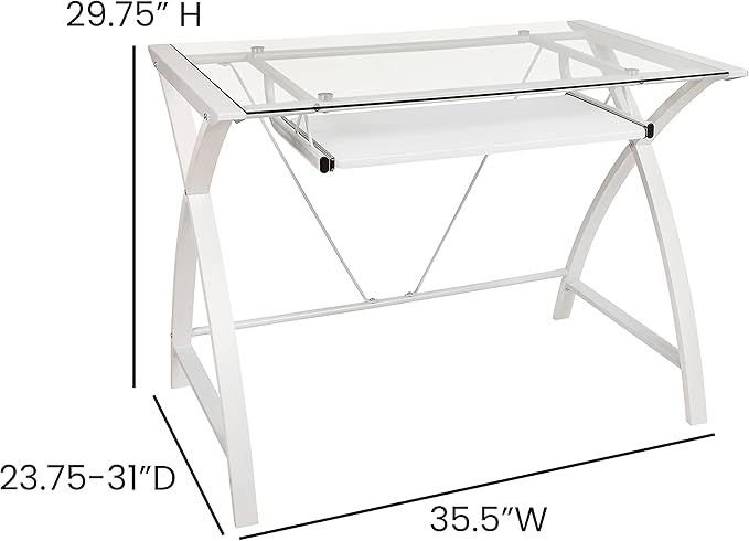Flash Furniture Jude Clear Tempered Glass Computer Desk with White Pull-Out Keyboard Tray and White Crisscross Frame
