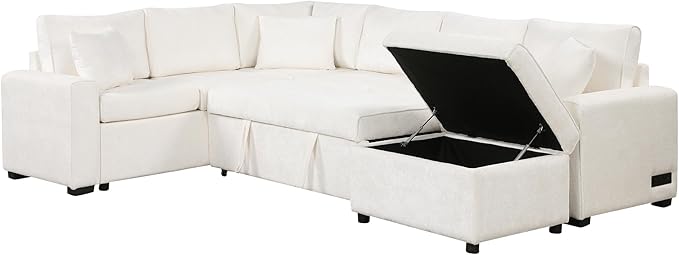 Modern Sectional Sofa Pull-out Sofa Bed Sleeper with a Storage Ottoman and 3 Pillows L-shaped Convertible Sofa Bed Chenille Upholstered Combination Couch for Living Rooms Offices (Cream-16)