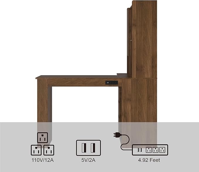 L Shaped Office Desk with Hutch and LED Light Home Office Corner Writing Desk with Drawers and Bookshelf Modern Study Table Computer Desk with Hutch for Studyroom (Wood)