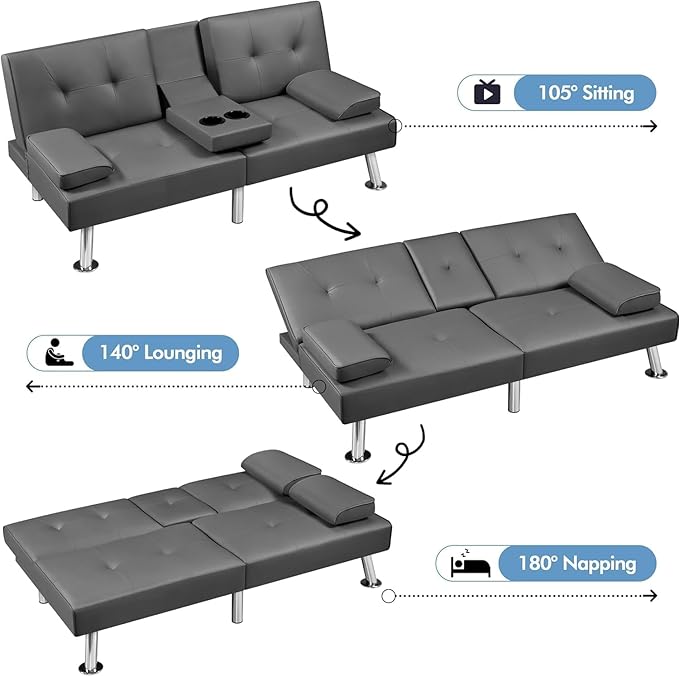 Convertible Folding Futon Sofa Bed Sleeper Couch for Living Room Modern Faux Leather Upholstered Loveseat w/Removable Armrests Metal Legs 2 CupHolders Love Seat Sofa Bed for Small Spaces (Gray)