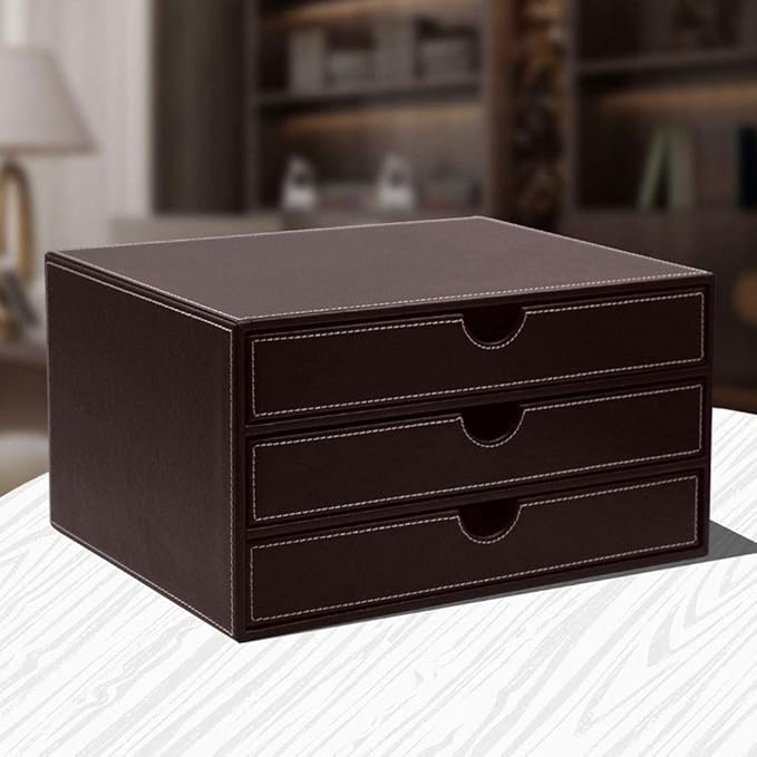 File Cabinets Filing Cabinets for Home 3 Drawer Desktop Leather File Classification Data Storage Box 33.5X25.5X18Cm Bookcase (Brown)