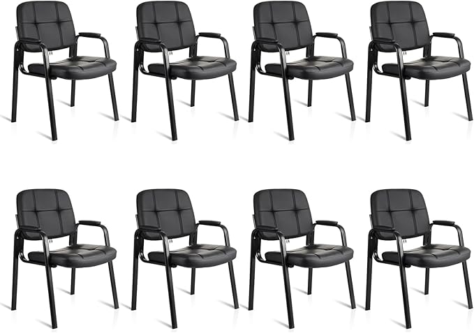 CLATINA Leather Office Guest Waiting Room Chair Sets of 8 Reception Chair No Wheels with Armrests and Lumber Support Stationary Desk Armchair for Meeting Conference Lobby Shool Study Black