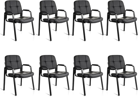 CLATINA Leather Office Guest Waiting Room Chair Sets of 8 Reception Chair No Wheels with Armrests and Lumber Support Stationary Desk Armchair for Meeting Conference Lobby Shool Study Black