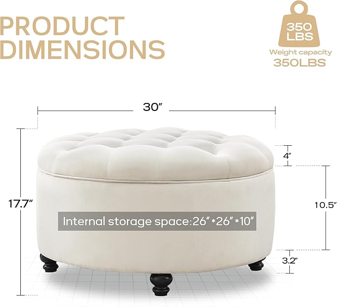 HUIMO 30-Inch Round Storage Ottoman Modern Button Tufted Coffee Table with Removable Top Upholstered Ottoman with Storage Footrest Stool for Living Room Bedroom and Office(Ivory)