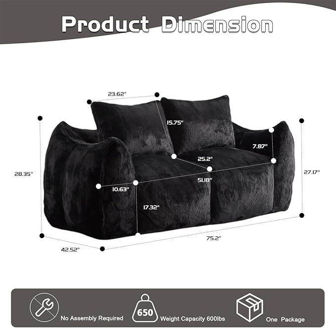 75 Inch Loveseat Bean Bag Couch for Adults Oversized Compressed Boneless Sofa Couch in a Box for Living Room Bedroom Apartment Soft FluffyNo Assembly (Black)