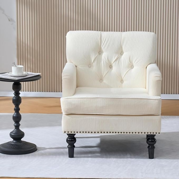 Tufted Club Chair Accent Chair with Lumbar Pillow Upholstered Button Armchair Linen Fabric Sofa Chairs for Bedroom Living Room Mid Century Modern with Studded Reading Chair Beige