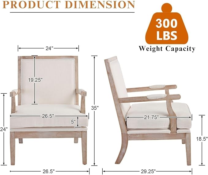 Modern Farmhouse Accent Chairs Set of 2 Wide Upholstered Living Room Chairs with Armrest Pads Coastal French Country Wooden Armchairs for Bedroom Guest Room Beige Linen Fabric