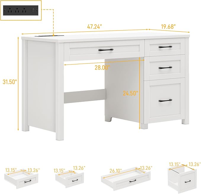 Vabches Farmhouse 47 Executive Desk Computer Desk with File Drawer and Charging Station Workstation for Home Office StudyCream White.