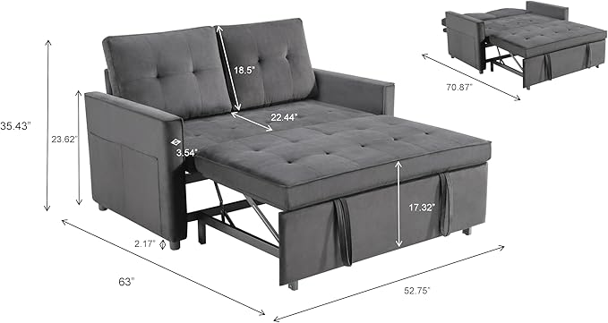 Sofa Bed Pull Out Couch with Side Pockets 3 in 1 Velvet Fabric Loveseat Sleeper Sofa Bed Pull Out Couch with Adjustable Backrest for Living Room Bedroom Apartment Gray 53 Inch