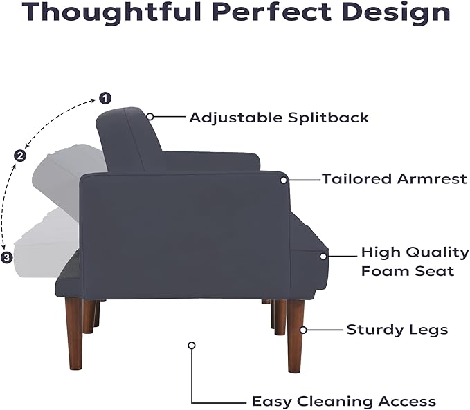 71 Velvet Futon Sofa Bed Versatile Loveseat Couch Sleeper Sofa with Adjustable Backrest Mid Century Modern Futon Couch for Small Space Living Room Office &amp Apartment Velvet Fabric Grey