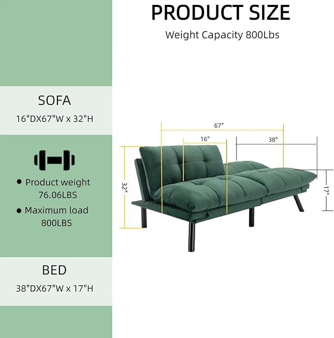 71-inch Microfiber Upholstered Futon Sofa Bed - 2 Seats Adjustable Arms/Back Iron Legs | Convertible to Sleeper for Main Living Spaces Bedrooms Offices (Emerald +2Seat)