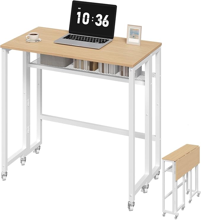 Folding Computer Desk with Storage Shelf 25.2 Rolling Folding Desk with Wheels for Small Spaces Living Room Bedroom Office White and Natural DN08WN