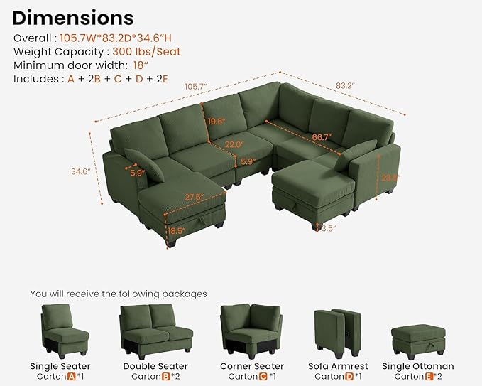 CHIC HOUSE Modular Sectional Couch| Corduroy L Shaped Sleeper Sofa U-Shape Sofa Bed Convertible Chaise with Storage Ottoman for Living Room Modern Furniture (8 Seater L-Shaped Green)