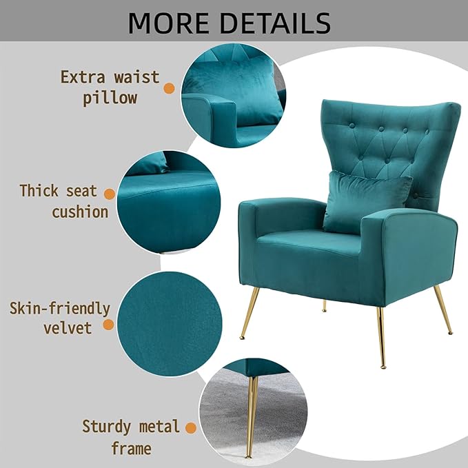 X-VOLSPORT Button-Tufted Velvet Accent Chairs Set of 2 Mid Century Modern Living Room Chair with High Wingback Upholstered Arm Chair with Metal Gold Legs for Bedroom Club Teal Blue
