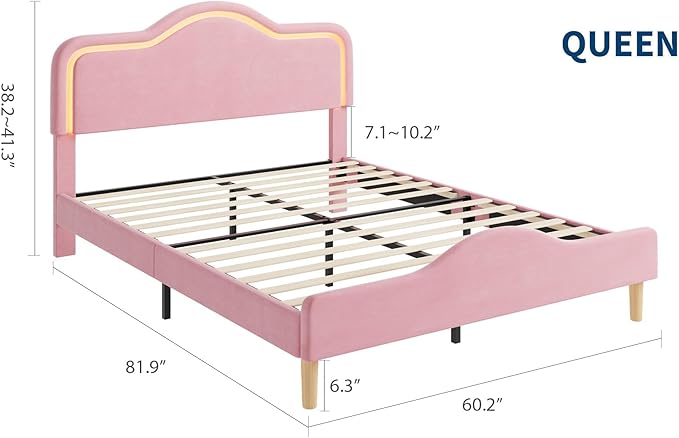 IDEALHOUSE Queen Size Bed Frame with LED Lights Velvet Upholstered Platform Bed with Adjustable Headboard for Kids/Girls Wooden Slats Support No Box Spring Needed Pink