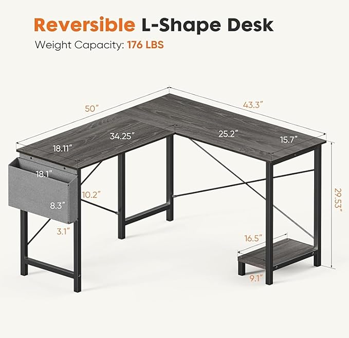 L Shaped DeskCorner Computer Desk Sturdy Metal Frame CPU Stand Side Bag Reversible for Home Office Small Place (Gray50 Inch)