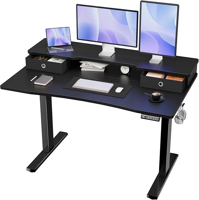Realbear 48x24 Inch Electric Standing Desk with Drawers Height Adjustable Sit Stand Up Desk Storage Shelf Ergonomic Home Office Desk (Black 48 * 24 Inch)