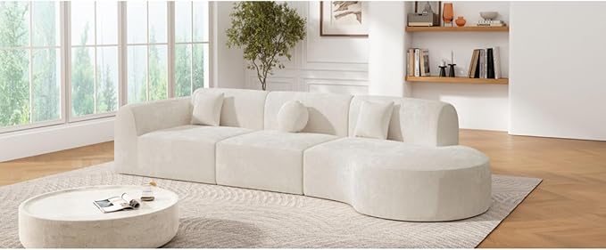 140 Modern Curved Sectional Sofa with High-Density Fully Compressed Sponge and Chaise Lounge 3-Piece Set Fully Assembled Right Hand Facing Perfect for Living Room Lounge (Beige)