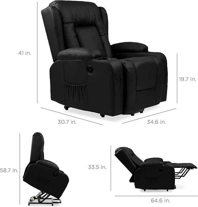 Best Choice Products PU Leather Electric Power Lift Chair Recliner Massage Chair Adjustable Furniture for Back Legs w/ 3 Positions USB Port Heat Cupholders Easy-to-Reach Side Button - Black