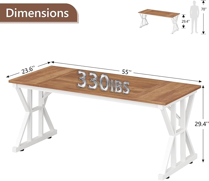 TVU Computer Desk 55 inch Large Office Desk Study Writing Table with Thicken Frame Gaming Desk Modern Simple Desk for Home Office Brown