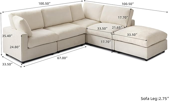 Cloud Couch Modular Sectional Sofa134 L Shaped Couch Oversized Convertible Wide Seater4 Seater with Ottoman for Living Room Set Covers Washable&ampReplaceableBeige
