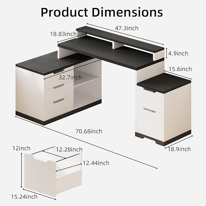 Modern L Shaped Desk with Drawers 71 Inch Home Office Desk with File Cabinet and Printer Shelf Wood Executive Desk with File Drawers and Monitor Stand White