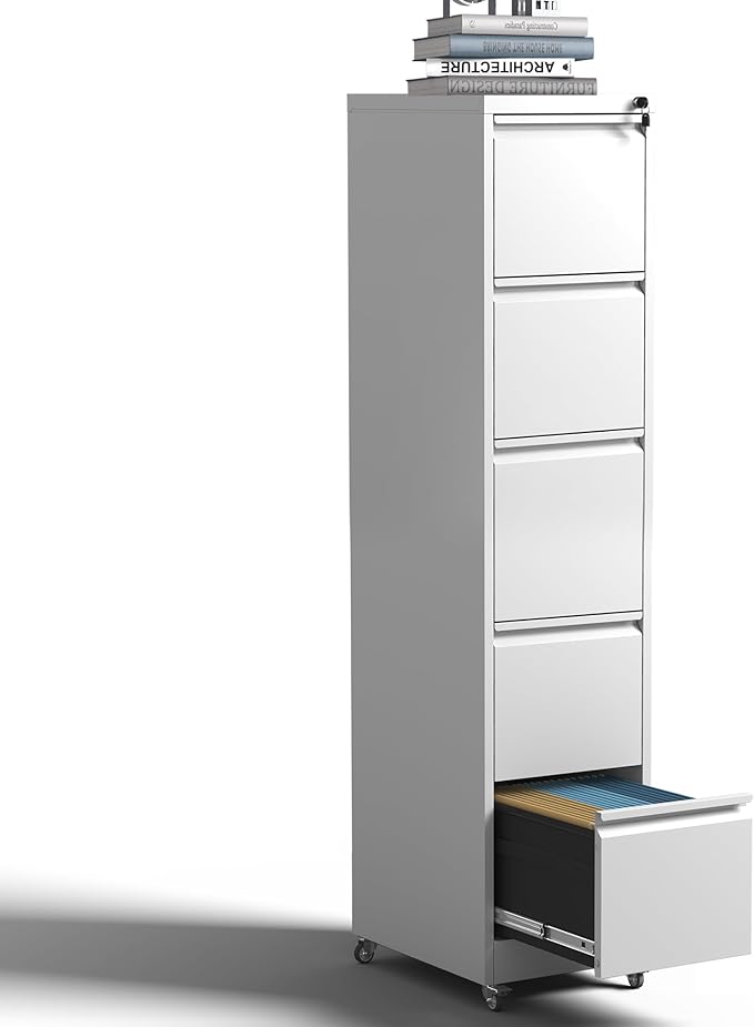5 Drawer Rolling File Cabinet with Lock Metal Filing Cabinets on Wheels Vertical Steel Office Drawers Storage for Hanging Legal/Letter Folders Require Assembly (White)