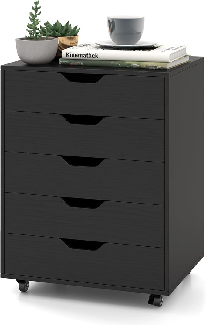 File Cabinet Mobile Filing Cabinet w/Universal Wheels &amp 5 Drawers Wood Printer Stand with Storage Rolling File Cabinets for Home Office Living Room Bedroom (Black 5 Drawers)