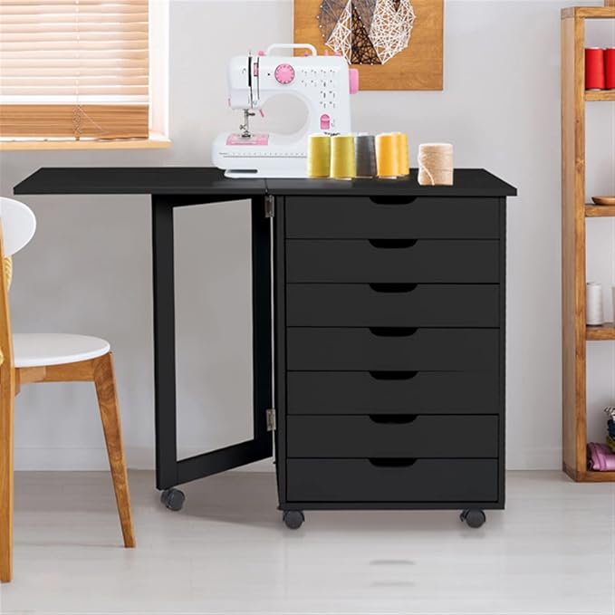 Office File Cabinets 7-Drawer Wood Filing Cabinet Mobile Storage Cabinet Gate Leg Roll Cart with Desk for Home Office Furniture Filing Cabinets for Home Office