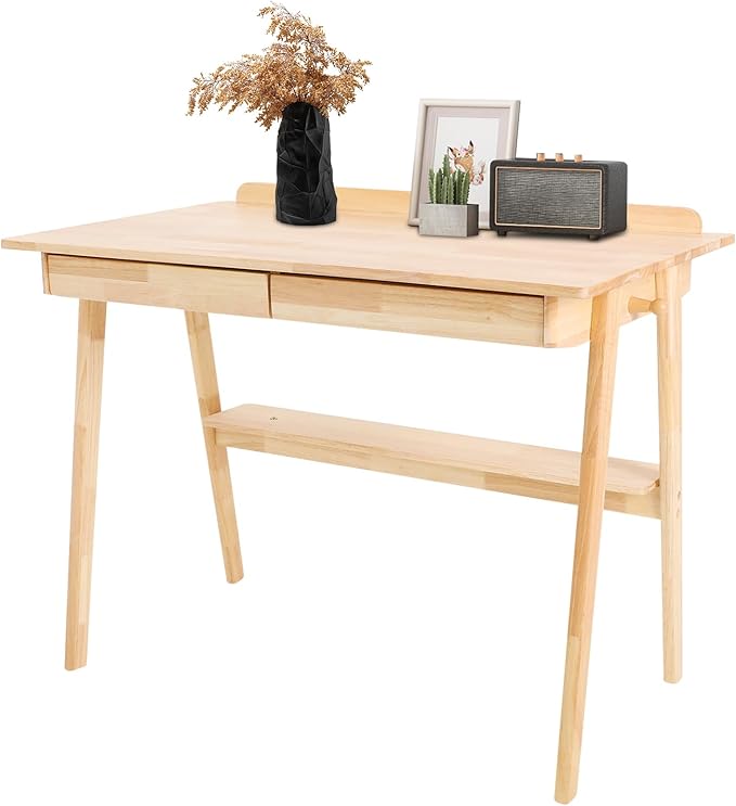 Modern Computer Desk with 2 Drawers &amp Storage Shelf Solid Wood Writing Desk for Home Office 39.3 Large Desktop 330 lbs Load Capacity Ergonomic Study Table (Log Color)