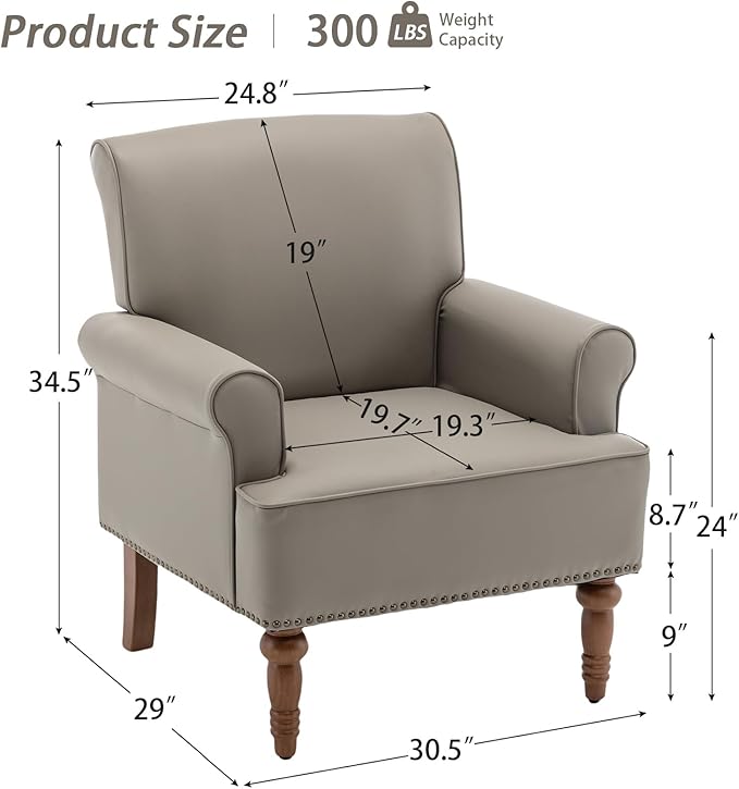 HOMEFLEX Accent Chair Faux Leather Living Room Chairs with Nailhead Trim Mid-Century Lounge Armchair with Solid Wood Legs Comfy Reading Single Sofa for Bedroom Waiting Room (Grey 1 Chair)