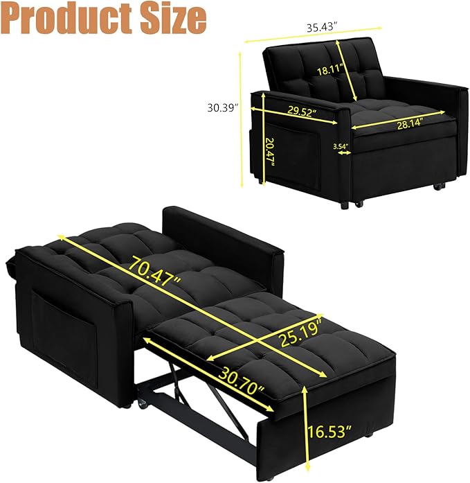 3 in 1 Convertible Sleeper Chair Modern Pull Out Couch Bed Single Recliner with Adjustable Back Velvet Futon Folding Sofa Bed Chair for Living Room Bedroom Small Spaces (Black)