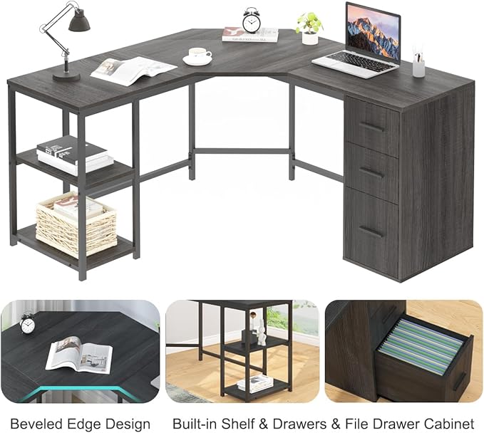 LVB 60 L Shape Home Office Desk with File Drawers Reversible Corner Table Workstation for Work Study Writing Gaming Large Wood Modern L-Shaped Computer Desk with Storage Cabinet Shelves Gray Oak