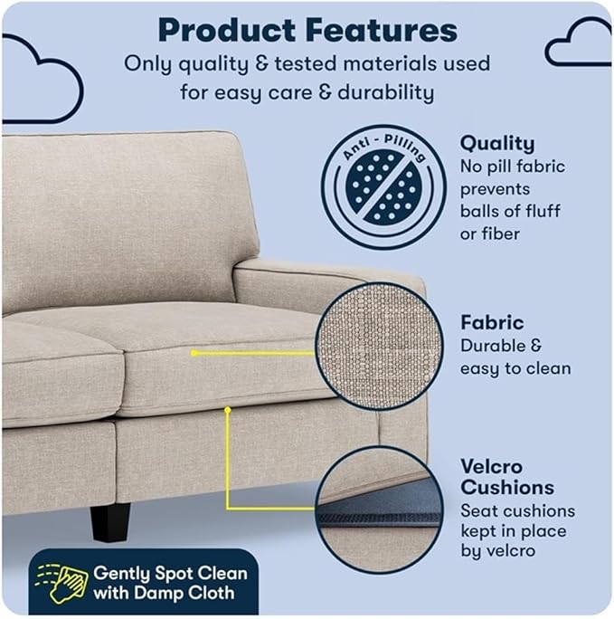 Pemberly Row 73 Track Arm Sofa Light Gray Upholstery Removable Covers Solid Wood Frame Modern Classic Design Compact Size for Smaller Apartments Living Room or Home Office Furniture
