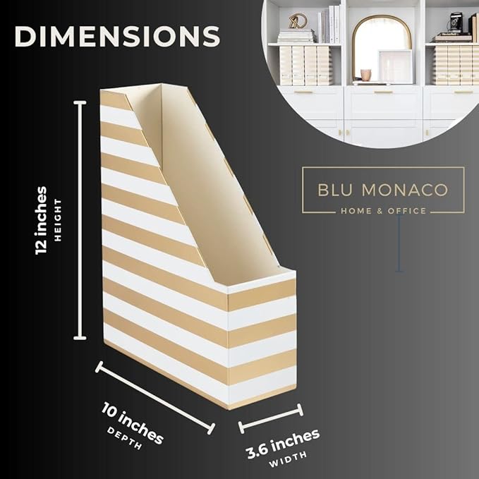 BLU MONACO | Cardboard Magazine File Holder Set of 4 Gold White Stripes | Vertical Magazine File Holder with Label Slots | Standing File Holder and Cardboard Bins for Shelves Desk Classroom