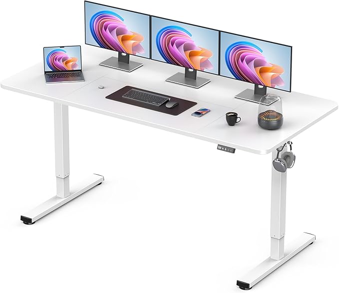 Standing Desk Large Height Adjustable Electric Stand up Desk 63 x 24 Inches Sit Stand Home Office Desk with Splice Board White Frame/White Top