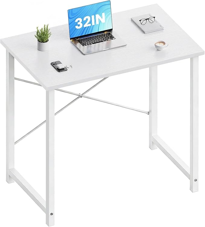 OLIXIS Small Computer Desk for Home Office 32 Inch White Writing Desk for Small Spaces Study Table with X-Shaped Reinforcement Sturdy Bedroom Table with Scratch-Resistant Tabletop &amp Metal Frame