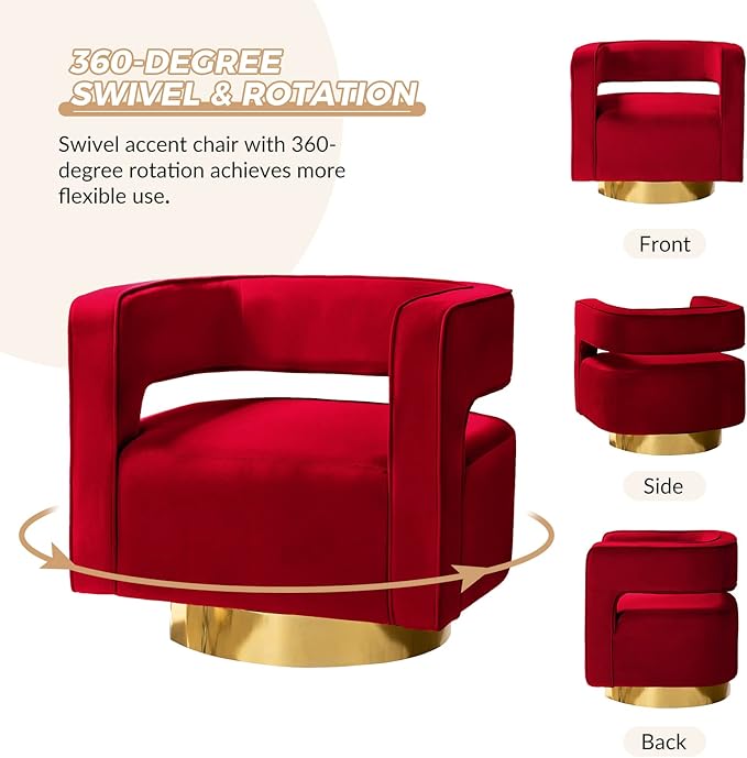 TINA'S HOME Swivel Accent Barrel Chair Modern Velvet Armchair with 3D Curved Open Back &amp Swivel Gold Metal Base Upholstered Club Chair for Living Room Bedroom Nursery Red(No Assembly Required)