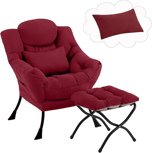 Lazy Chair with Ottoman Comfy Fabric Accent Lounge Armchair with Lumbar Pillow and Folding Footrest Reading Leisure Sofa Chair for Bedroom Living Room DormBurgundy