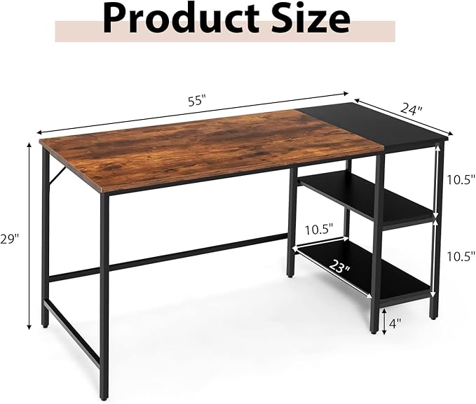 Tangkula 55” Computer Desk Large Home Office Desk with 2-Tier Storage Shelves Modern Laptop PC Desk with Heavy-Duty Steel Frame Multipurpose Writing Desk Study Desk (Rustic Brown)