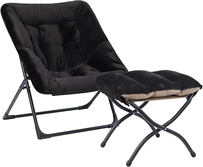 Comfy Saucer Chair for Adults Soft Faux Fur Bedroom Chair with Ottoman Accent Dorm Chairs Living Room Reading Chairs and Footstool Folding Seat for Teens X-Large Black