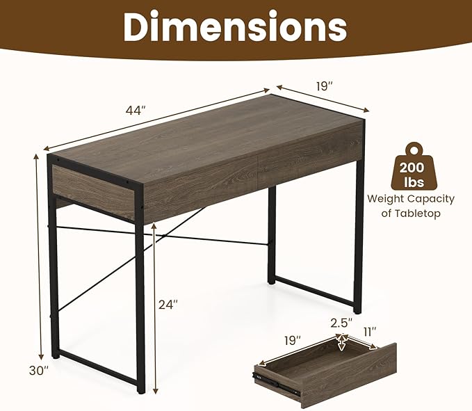 GOFLAME Modern 2-Drawer Computer Desk Home Office Desk w/Reinforced Heavy-Duty Metal Frame Versatile Study Writing Desk w/Anti-Tip Kit Ideal for Study Office Small Spaces (Wash Grey)