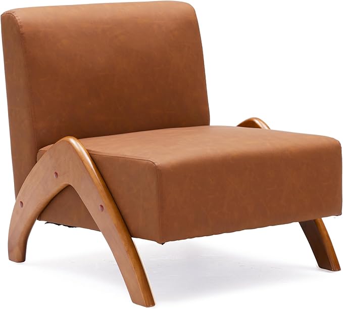 Oversized Accent Chair Set of 2 upholstered armless mid Century Modern Living Room Chair with Wooden Legs for Bedroom/Office/Cafe Faux Leather Cognac Brown