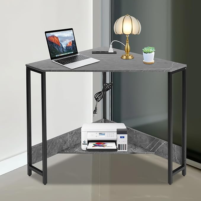 26.77 * 29.53in Corner Computer Desk Corner Table with Outlets Triangle Desk with Storage for Home Office Workstation Living Room Bedroom Rustic Gray