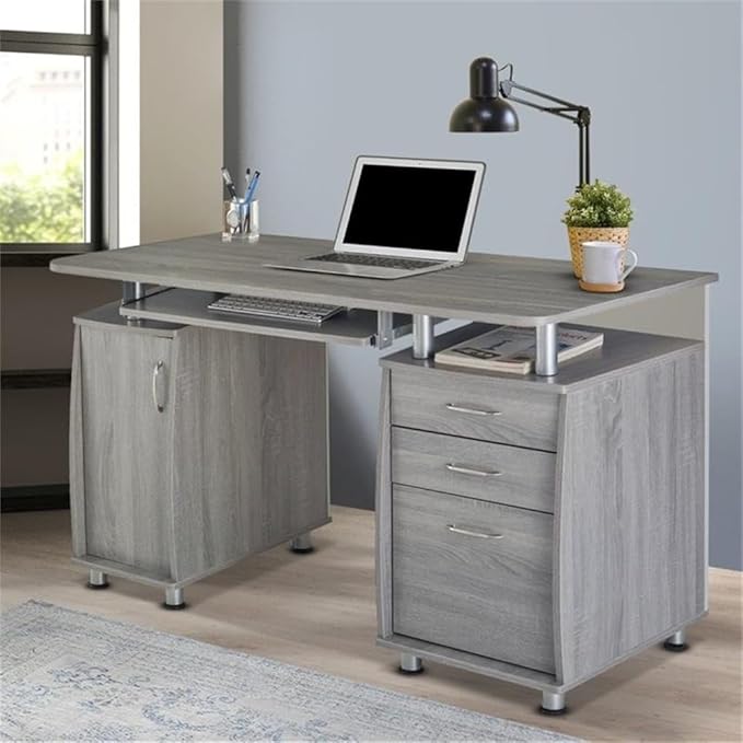 Pemberly Row 48 Wide Home Office Computer Desk in Gray with CPU Storage Cabinet and Hanging File Cabinet Grey