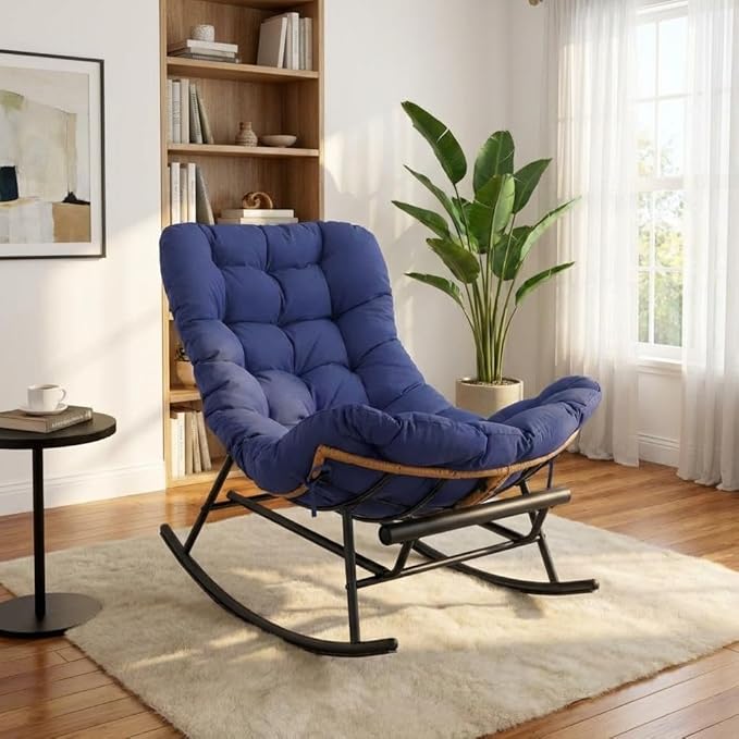 GAOMON Papasan Rocking Chair with Foot Rest Papasan Chair with Thick Removable Cushion and Metal Frame Lounge Chairs and PE Rattan Rocker for Patio Garden Lawn Living Room and Relaxation Space