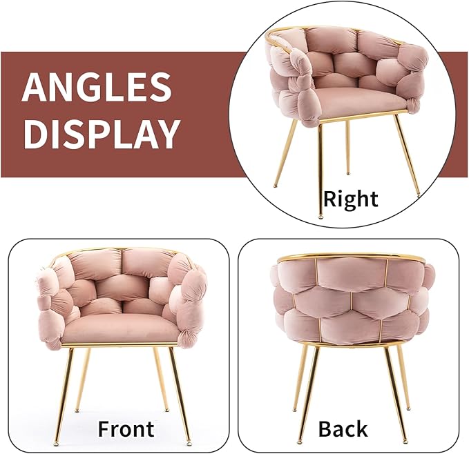NIOIIKIT Modern Velvet Dining Chairs Set of 2 Hand Weaving Upholstered Vanity Chairs with Gold Metal Legs Leisure Single Sofa Armchairs Comfy Accent Chairs for Living Room Bedroom (Pink)