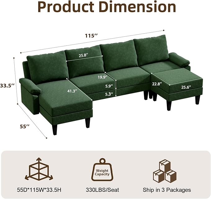 Sectional Couches for Living Room Furniture Sets 4 Seat Modular Sectional Sofas for Living Room Set with Removable Ottoman L Shaped Couch Set with 2 Armrest for Apartment Green