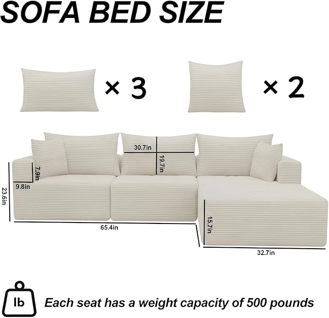 101 Modular Sectional Sofa L Shaped Boneless Couch with Moveable Ottoman Memory Foam Cloud Sectional Couch for Living Room or Apartment (White)